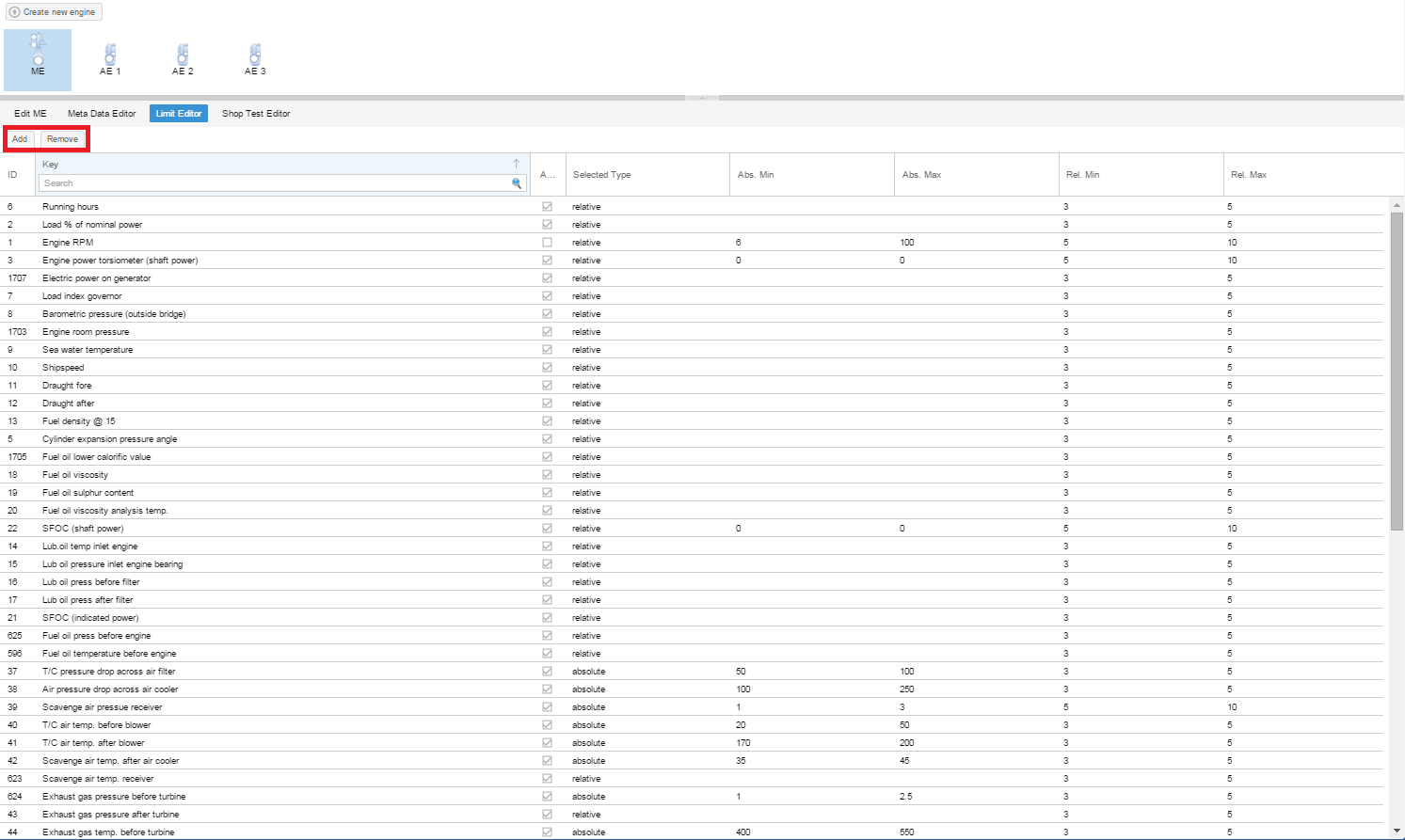 Limit editor - add remove